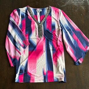 JM Collection Pink and Blue Tunic with 3/4 Sleeves
